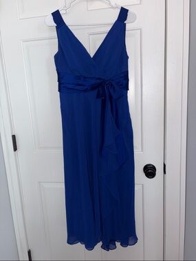 Chaps Royal Blue V-Neck Midi Dress with Satin Waist Tie